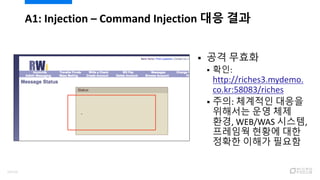 A1: Injection – Command Injection 대응 결과
 공격 무효화
 확인:
http://riches3.mydemo.
co.kr:58083/riches
 주의: 체계적인 대응을
위해서는 운영 체제
환경, WEB/WAS 시스템,
프레임웍 현황에 대한
정확한 이해가 필요함
54/120
 