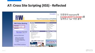  인증창의 Username에
[<script>alert('1');</script>]를
입력하고 “Go” 버튼 클릭
A7: Cross Site Scripting (XSS) - Reflected
59/120
 