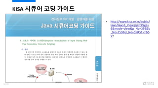 KISA 시큐어 코딩 가이드
 http://www.kisa.or.kr/public/
laws/laws3_View.jsp?cPage=
6&mode=view&p_No=259&b
_No=259&d_No=55&ST=T&S
V=
65/120
 