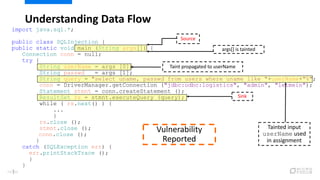 Understanding Data Flow
import java.sql.*;
public class SQLInjection {
public static void main (String args[]) {
Connection conn = null;
try {
String userName = args [0];
String passwd = args [1];
String query = "select uname, passwd from users where uname like "+userName+"%";
conn = DriverManager.getConnection ("jdbc:odbc:logistics", "admin", "letmein");
Statement stmnt = conn.createStatement ();
ResultSet rs = stmnt.executeQuery (query);
while ( rs.next() ) {
...
}
rs.close ();
stmnt.close ();
conn.close ();
}
catch (SQLException err) {
err.printStackTrace ();
}
}
}
Vulnerability
Reported
Sink
Tainted input
userName used
in assignment
Taint propagated to userName
args[] is tainted
Source
74/120
 