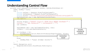private void cmdLogin_Click(object sender, System.EventArgs e){
Label lblMsg = null;
try {
string txtUser = Request.Form["txtUsername"];
string txtPassword = Request.Form["txtPassword"];
string strCnx = "server=localhost;database=northwind;uid=sa;pwd=;";
SqlConnection cnx = new SqlConnection(strCnx);
cnx.Open();
string strQry = "SELECT Count(*) FROM Users WHERE UserName='" +
txtUser + "' AND Password='" + txtPassword + "'";
int intRecs;
SqlCommand cmd = new SqlCommand(strQry, cnx);
intRecs = (int)cmd.ExecuteScalar();
if (intRecs > 0){
FormsAuthentication.RedirectFromLoginPage(txtUser, false);
cnx.Close();
}
else{
lblMsg.Text = "Login attempt failed.";
}
}
catch (Exception err){
Response.Write(err.StackTrace.ToString());
}
}
Understanding Control Flow
Connection
closed
Variable
initialized &
assigned
78/120
 