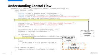 private void cmdLogin_Click(object sender, System.EventArgs e){
Label lblMsg = null;
try {
string txtUser = Request.Form["txtUsername"];
string txtPassword = Request.Form["txtPassword"];
string strCnx = "server=localhost;database=northwind;uid=sa;pwd=;";
SqlConnection cnx = new SqlConnection(strCnx);
cnx.Open();
string strQry = "SELECT Count(*) FROM Users WHERE UserName='" +
txtUser + "' AND Password='" + txtPassword + "'";
int intRecs;
SqlCommand cmd = new SqlCommand(strQry, cnx);
intRecs = (int)cmd.ExecuteScalar();
if (intRecs > 0){
FormsAuthentication.RedirectFromLoginPage(txtUser, false);
cnx.Close();
}
else{
lblMsg.Text = "Login attempt failed.";
}
}
catch (Exception err){
Response.Write(err.StackTrace.ToString());
}
}
Understanding Control Flow
Safe
Sequence
Connection
closed
Variable
initialized &
assigned
79/120
 