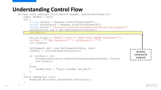private void cmdLogin_Click(object sender, System.EventArgs e){
Label lblMsg = null;
try {
string txtUser = Request.Form["txtUsername"];
string txtPassword = Request.Form["txtPassword"];
string strCnx = "server=localhost;database=northwind;uid=sa;pwd=;";
SqlConnection cnx = new SqlConnection(strCnx);
cnx.Open();
string strQry = "SELECT Count(*) FROM Users WHERE UserName='" +
txtUser + "' AND Password='" + txtPassword + "'";
int intRecs;
SqlCommand cmd = new SqlCommand(strQry, cnx);
intRecs = (int)cmd.ExecuteScalar();
if (intRecs > 0){
FormsAuthentication.RedirectFromLoginPage(txtUser, false);
cnx.Close();
}
else{
lblMsg.Text = "Login attempt failed.";
}
}
catch (Exception err){
Response.Write(err.StackTrace.ToString());
}
}
Understanding Control Flow
Variable
initialized &
assigned
80/120
 