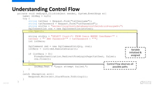 private void cmdLogin_Click(object sender, System.EventArgs e){
Label lblMsg = null;
try {
string txtUser = Request.Form["txtUsername"];
string txtPassword = Request.Form["txtPassword"];
string strCnx = "server=localhost;database=northwind;uid=sa;pwd=;";
SqlConnection cnx = new SqlConnection(strCnx);
cnx.Open();
string strQry = "SELECT Count(*) FROM Users WHERE UserName='" +
txtUser + "' AND Password='" + txtPassword + "'";
int intRecs;
SqlCommand cmd = new SqlCommand(strQry, cnx);
intRecs = (int)cmd.ExecuteScalar();
if (intRecs > 0){
FormsAuthentication.RedirectFromLoginPage(txtUser, false);
cnx.Close();
}
else{
lblMsg.Text = "Login attempt failed.";
}
}
catch (Exception err){
Response.Write(err.StackTrace.ToString());
}
}
Understanding Control Flow
Variable
initialized &
assigned
Control Flow observes all
possible paths
81/120
 