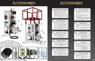 10 Cu. Ft.
A
B
C
20 Cu. Ft.
A
B
C
D
E
F G IH J
A
888-1200-08007PB-FI
800 CFM MOISTURE SEPARATOR KIT
FOR 2-OUTLET10 & 20 CU FT S-SERIES
BLASTERS
Moisture Separator
MOISTURE SEPARATORS ARE YOUR LAST LINE OF DEFENSE
AGAINST MOISTURE REACHING YOUR BLAST EQUIPMENT.
MOISTURE CAUSES ABRASIVE TO CLUMP TOGETHER
CLOGGING YOUR METERING VALVE AND CAN LEAD TO
COMPONENT BREAK DOWN. SINGLE OUTLET 10 & 20 CU FT
BLASTERS COME STANDARD WITH 350 CFM MOISTURE
SEPARATORS. UPGRADE 2 OUTLET 10 & 20 CU FT BLASTERS
WITH THE KIT SHOWN BELOW (REQUIRES FORK POCKETS ON
20 CU FT BLASTERS)
B
888-2000-007PB-CI
1-1/2" BIG GUN REGULATOR KIT FOR 1
OUTLET 10 & 20 CU FT BLASTERS
888-2000-008PB-CI
2" BIG GUN REGULATOR KIT FOR
2 OUTLET 10 & 20 CU FT BLASTERS
888-2001-00199PB REGULATOR, 1/4", REPAIR KIT
888-2000-00399PB
REGULATOR, 1-1/2" & 2" FULL FLOW,
REPAIR KIT
Regulator Kit
ADDING A REGULATOR KIT TO YOUR ABRASIVE BLASTER WILL
ALLOW YOU TO BLAST AT LOWER PRESSURES TO ACHIEVE
CUSTOM FINISHES OR HELP CONTROL PROFILE
C
888-2470-00702PB
SMALL BLASTER RELIEF VALVE KIT
(FITS 1.3, 3.5, 6.5, 10 & 20 CU FT S-
SERIES BLASTERS)
Relief Valve Kit
ADDING THIS ASME RELIEF VALVE KIT TO YOUR BLASTER CAN
PREVENT DANGEROUS OVER PRESSURIZATION. LOCAL
CODES MAY REQUIRE A DIFFERENT VALVE
D
E
888-1108-07220PB-FI
BULK BAG RACK W/ SUPPORTS & FORK
POCKETS UPGRADE FOR 20 CU FT S-
SERIES VESSEL
Bulk Bag Rack
ADDING THIS BULK BAG RACK AND SUPPORTING MOUNTS
ALLOWS YOU TO QUICKLY FILL YOUR 20 CU FT BLASTER W/
BULK MEDIA. INCLUDES FORK POCKETS.
(FACTORY INSTALLED - 20 CU FT BLASTERS ONLY)
F
888-5010-060PB LID FOR 10 CU FT ABRASIVE BLASTERS
888-5010-200PB LID FOR 20 CU FT ABRASIVE BLASTERS
888-5011-200PB
SCREEN FOR 20 CU FT ABRASIVE
BLASTERS
Lids and Screens
LIDS ARE IMPORTANT FOR KEEPING MOISTURE FROM
FALLING INTO THE ABRASIVE BLASTER IN OUTDOOR
APPLICATIONS. MOISTURE IN THE ABRASIVE BLASTER CAN
CAUSE OBSTRUCTIONS IN THE METERING VALVE LEADING TO
COSTLY DOWN-TIME.
SCREENS ARE IMPORTANT FOR KEEPING FOREIGN OBJECTS
FROM FALLING INTO THE ABRASIVE BLASTER. FOREIGN
OBJECTS IN THE ABRASIVE BLASTER CAN CAUSE
OBSTRUCTIONS IN THE METERING VALVE LEADING TO
COSTLY DOWN-TIME.
G
888-2011-007PB-FI
BLOW-DOWN MUFFLER KIT FOR SPR
(PRESSURE RELEASE) ABRASIVE
BLASTERS
INSTALLING A BLOW-DOWN MUFFLER TO YOUR SPR SERIES
ABRASIVE BLASTER WILL REDUCE THE NOISE GENERATED AT
BLOW-DOWN. IT WILL ALSO DIFFUSE THE BLAST OF AIR THAT
IS RELEASED.
SPR Muffler
H
I
J
12 13
 