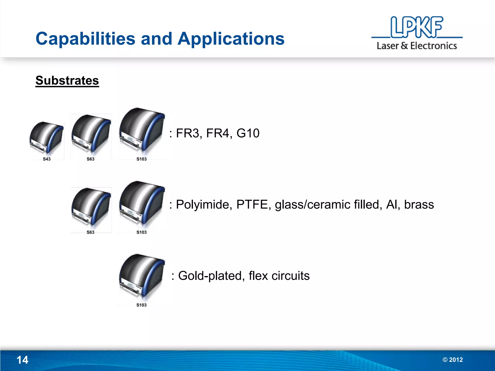 Capabilities and Applications

     Substrates



                    : FR3, FR4, G10




                    : Polyimide, PTFE, glass/ceramic filled, Al, brass




                    : Gold-plated, flex circuits




14                                                                       © 2012
 