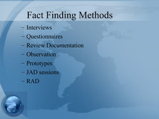 Fact Finding Methods Interviews Questionnaires Review Documentation Observation Prototypes JAD sessions RAD 