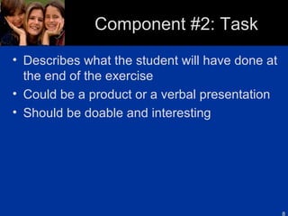 Component #2: Task Describes what the student will have done at the end of the exercise Could be a product or a verbal presentation Should be doable and interesting 