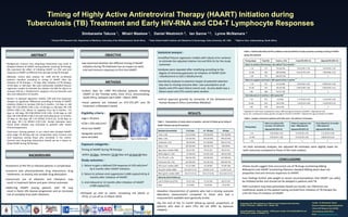 Timing of Highly Active Antiretroviral Therapy (HAART) Initiation during
                     Tuberculosis (TB) Treatment and Early HIV-RNA and CD4-T Lymphocyte Responses
                                                                                 Simbarashe Takuva 1, Mhairi Maskew 1, Daniel Westreich 2, Ian Sanne 1,3, Lynne McNamara 1
                                              1 Clinical   HIV Research Unit, Department of Medicine, University of the Witwatersrand, South Africa.                   2   Duke Global Health Institute and Obstetrics & Gynecology, Duke University, NC, USA.               3   Right to Care, Johannesburg, South Africa.




                                                                                                                                                                                                                                                                                         Table 2 : Relative Risk (RR) and 95% confidence intervals (95%CI) of study outcomes according to timing of HAART
                                                                                                                                                                                  Statistical analysis :
                         ABSTRACT                                                                        OBJECTIVE                                                                                                                                                                       during TB treatment
                                                                                                                                                                                  •modified Poisson regression models with robust error variance
                                                                                                                                                                                   to estimate the adjusted relative risk and 95% CIs for the study                                       Timing (days)         Total (N)          Events, n (%)           Crude RR (95% CI)                 Adjusted RR (95% CI)
 Background: Concern over drug-drug interactions may result in                   •we examined whether the different timing of HAART                                                outcomes.
                                                                                                                                                                                                                                                                                                                                           3
                                                                                                                                                                                                                                                                                          Failure to achieve CD4 increase ≥ 50 cell/mm by 6 months *
 delayed initiation of HAART among patients receiving TB therapy.                 initiation during TB treatment has an impact on early
                                                                                                                                                                                                                                                                                                 < 14              172             76 (44.2%)                  1.02 (0.85-1.23)                1.02 (0.85-1.22)
 We examined the effect of initiating HAART on CD4 and viral                      viral and immune responses to first-line HAART.                                                 •analyses were repeated after stratifying according to the
 response to HAART at different time periods during TB therapy.                                                                                                                    degree of immunosuppression at initiation of HAART (CD4                                                      15–60              463             189 (40.8%)                 0.91 (0.79-1.04)                1.00 (0.86-1.15)

 Methods: Cohort data analysis for 1499 HIV-TB co-infected                                                                                                                         <50cells/mm3 vs CD4 ≥ 50cells/mm3).                                                                           > 60              575             260 (45.2%)                      1                                 1
                                                                                                                                                                                                                                                                                                                                                           ‡
 patients classified according to timing of HAART after the                                                                                                                                                                                                                               Failure to suppress viral load (< 400 copies/ml) by 6 months
 initiation of TB therapy: < 14 days after initiation of TB therapy;                                      METHODS                                                                 •sensitivity analyses to examine impact of potential selection
                                                                                                                                                                                                                                                                                                 < 14              171             21 (12.8%)                  1.04 (0.65-1.67)                0.98 (0.59-1.63)
 15-60 days; or ≥60 days. We used multivariate modified Poisson                                                                                                                    bias due to missing outcome data : two assumptions a) all
 regression models to estimate the relative risk (RR) for failure to                                                                                                               deaths and LTFU were failure events and, b) only death was a                                                 15–60              474             49 (10.3%)                  0.96 (0.68-1.36)                0.96 (0.66-1.41)
 increase CD4 by ≥ 50cells/mm3, suppress virus by 6months and                    •cohort data for 1499 HIV-infected patients initiating                                            failure event and LTFU events were random.                                                                   > 60               566             64 (11.3%)                       1                                 1
 also viral rebound at 12 months.                                                 HAART at the Themba Lethu Clinic (TLC), Johannesburg,                                                                                                                                                   Viral rebound at 12 months (> 400 copies/ml)
                                                                                                                                                                                                                                                                                                                                               ¥


 Results: In adjusted regression models, CD4 and viral responses                  South Africa, between April 2004 – March 2009.
                                                                                                                                                                                  •ethical approval granted by University of the Witwatersrand                                                  < 14               111              4 (3.6%)                   1.17 (0.40-3.43)                1.14 (0.39-3.34)
 showed no significant differences according to timing of HAART
                                                                                 •most patients are initiated on EFV-3TC-d4T and TB                                                Human Research Ethics Committee (Medical).                                                                  15–60               333             18 (5.4%)                   1.50 (0.52-4.34)                1.43 (0.50-4.12)
 initiation (failure to increase CD4 by 6 months, <14 days vs >60
 days: RR 1.02 (95%CI 0.85-1.22), 15-60 days vs >60 days: RR 1.00                 treatment is Rifampicin based.                                                                                                                                                                                > 60               379             16 (4.2%)                        1                                 1
 (95%CI 0.86-1.15); failure to suppress virus by 6 months, <14                                                                                                                                                                                                                          * adjusted for CD4 count, employment status, BMI and age at initiation of HAART; ‡ adjusted for CD4
 days vs >60 days: RR 0.98 (95%CI 0.59-1.63), 15-60 days vs >60                  Eligibility criteria :                                                                                                               RESULTS                                                           count, ALT, employment status, gender and age at initiation of HAART; ¥ adjusted for age at initiation of HAART.
 days: RR 0.96 (95%CI 0.66-1.41) and viral rebound at 12 months,
 14 days vs >60 days: RR 1.43 (95%CI 0.50-4.12), 15-60 days vs                   •age ≥ 18 years                                                                                                                                                                                         Table 3 : Analysis restricted to patients with CD4 count < 50 cells/mm3 at baseline
 >60 days: RR 1.14 (95%CI 0.39-3.34). Similar estimates were                                                                                                                      Table 1 : Characteristics of study cohort at baseline and end of follow-up by timing of
 found when analysis was restricted to patients with severe                      •CD4 ≤ 350 cells/mm3                                                                                                                                                                                                               Failure to achieve CD4           Failure to suppress viral        Viral rebound at 12 months
                                                                                                                                                                                  HAART initiation during TB treatment                                                                                              increase ≥ 50 cell/mm3           load < 400copies/ml              > 400 copies/ml
 immunosuppression.                                                                                                                                                                                                                                                                       Timing (days)
                                                                                 •first-line HAART                                                                                                                                                                                                                  Adjusted RR (95% CI)             Adjusted RR (95% CI)             Adjusted RR (95% CI)
 Conclusion: Among patients in our cohort who initiated HAART,
 early stage TB therapy did not compromise early immune and                      •pregnant women                                                                                u  Baseline characteristic
                                                                                                                                                                                   Total, n (%)
                                                                                                                                                                                                                   0-14 days
                                                                                                                                                                                                                  219 (14.6%)
                                                                                                                                                                                                                                       14 - 60 days
                                                                                                                                                                                                                                        579 (38.6%)
                                                                                                                                                                                                                                                              60 days
                                                                                                                                                                                                                                                            701 (46.8%)
                                                                                                                                                                                                                                                                                                 < 14                       0.93 (0.66-1.31)               0.74 (0.39-1.41)                  1.11 (0.22-5.54)

 viral responses among those who remained in the cohort.                         were excluded                                                                                     Male, n (%)                    110 (50.2%)           254 (43.9%)         294 (41.9%)
                                                                                                                                                                                                                                                                                                15–60                       0.93 (0.67-1.30)               0.72 (0.39-1.34)                  1.88 (0.43-8.25)
                                                                                                                Figure 1: Pulmonary TB   Figure 2: Acid Fast Bacilli
 Concern over drug-drug interactions should not be a reason to                                                                                                                                                                                                                                   > 60                                1                              1                                1
                                                                                                                                                                                   Employed, n (%)                  86 (39.3%)          213 (36.8%)         260 (37.1%)
 delay HAART during TB therapy.                                                  Exposure categories :                                                                             Black, n (%)                   205 (93.6%)           560 (96.7%)          666 (95%)                  •in both sensitivity analyses, the adjusted RR estimates were slightly lower for
                                                                                 Timing of HAART during TB therapy -                                                               Age, years; median (IQR)        36 (31-42)           35 (31-41)           36 (31-41)                 both outcomes compared to those of the main analysis.
                                                                                  within 14 days ; between 15-60 days and at least 60 days.                                        WHO stage IV, n (%)              57 (26.1%)          123 (21.2%)         146 (21.3%)
                       BACKGROUND
                                                                                                                                                                                   EFV-3TC-d4T, n (%)             202 (92.2%)           536 (92.6%)         619 (88.3%)
                                                                                 Study outcomes :                                                                                                                                                                                                                                        CONCLUSIONS
                                                                                                                                                                                   Pulmonary TB, n (%)            210 (95.9%)           553 (95.5%)         664 (94.7%)

•treatment of HIV-TB co-infected patients is complicated.                        1. failure to gain a defined CD4 response of ≥50 cells/mm3                                        CD4 count; median (IQR)         45 (14-108)          42 (18-89)           70 (30-126)               •these results suggest that concurrent use of TB drugs (containing 600mg
                                                                                          by 6 months after HAART initiation.                                                      Hb, g/dl; median (IQR)        10.2 (8.5-11.5)       10 (8.8-11.4)        11 (9.6-12.3)              Rifampicin) and HAART (containing Efavirenz standard 600mg dose) does not
•concerns over pharmacokinetic drug interactions, drug
 intolerance, co-toxicity and variable drug absorption.                          2. failure to achieve viral suppression (<400 copies/ml) by 6                                     BMI, kg/m2; median (IQR)      20 (17.5-22.4)        19.6 (17.6-22)     20.4 (18.3-23.2)             jeopardize viral and immune responses to HAART.
                                                                                          months after initiation of HAART.                                                        Status by end of follow-up                                                                          •our findings further add weight to recent recommendations that HAART can safely
•concurrent use of efavirenz and rifampicin may
 result in treatment failure and poor clinical outcomes.                         3. viral rebound at 12 months after initiation of HAART                                           Lost to follow-up (LTFU)        33 (15.1%)           71 (12.3%)           96 (13.7%)                be initiated earlier and should not be delayed in patients with TB.
                                                                                          (>400 copies/ml).                                                                        Died                             21 (9.6%)            53 (9.2%)            47 (6.7%)
•deferring HAART among patients with TB may                                                                                                                                                                                                                                            •left truncation may have potentially biased our results; our inferences are
 result in faster HIV disease progression and an increased                                                                                                                        •baseline characteristics of patients who had a missing outcome                                      conditional, based on the patient having survived from initiation of TB therapy the
 risk of mortality from both infections.                                        •followed up until an event, competing risk (death or                                             laboratory measurement compared to those who had a                                                   until the time of initiation of HAART.
                                                                                 LTFU), or cut-off on 31 March 2010.                                                              measurement available were generally similar.
                                                                                                                                                                                  •by the end of the 12 month follow-up period, proportions of                                       Presented at the 18th Conference on Retroviruses & Opportunistic Infections                  Contact : Dr Simbarashe Takuva
                                                                                                                                                                                                                                                                                     (CROI), 27February – 02March, 2011 , Boston, MA.                                             Division of Epidemiology & Biostatistics
                                                                                                                                                                                  patients who died or were LTFU did not differ by exposure
                                                                                                                                                                                                                                                                                                                                                                                  Clinical HIV Research Unit (CHRU)
                                                                                                                                                                                  category.                                                                                          Acknowledgements : Grant numbers - USAID grant number: 674-A-00-08-00007-00 and              Johannesburg, South Africa
                                                                                                                                                                                                                                                                                     CIPRA grant number: IU19AI53217-01
                                                                                                                                                                                                                                                                                                                                                                                  Email : stakuva@witshealth.co.za
 