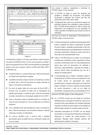 Com relação à natureza, competência e jurisdição do
                                                                         TCE/RN, julgue os itens seguintes.

                                                                         31   O TCE/RN, ao julgar as contas dos dirigentes das
                                                                              unidades e entidades dos municípios, está também
                                                                              fiscalizando a aplicação dos recursos que lhes são
                                                                              transferidos pela União e pelo estado.
                                                                         32   O julgamento das contas tem considerável impacto nas
                                                                              pretensões eleitorais dos candidatos a cargos políticos,
                                                                              pois o TCE/RN deverá informar ao TRE os nomes dos
                                                                              responsáveis por pendências em suas prestações de
                                                                              contas, apuradas em diligências que estejam em fase de
                                                                              realização.

                               Figura I                                  Com base nas normas de organização e funcionamento do
                                                                         TCE/RN, julgue os próximos itens.

                                                                         33   O Sistema Integrado de Auditoria Informatizada (SIAI)
                                                                              realiza a captação dos dados e informações da gestão
                                                                              fiscal dos órgãos e entidades jurisdicionados e lhes dá o
                                                                              tratamento apropriado ao acompanhamento e controle da
                                                                              execução orçamentária e financeira, tendo como foco a
                                                                              observância da responsabilidade fiscal.
                              Figura II
                                                                         34   Cabe ao TCE/RN fornecer ao estado e aos municípios
Considerando as figuras I e II acima, que ilustram, respectivamente,
                                                                              certidões que os habilitem a obter empréstimos e firmar
uma janela do BrOffice Writer 3.0 com um documento em edição e                convênios e instrumentos afins. Se o descumprimento de
parte de uma janela do Excel 2007 com uma planilha em elaboração,             prazos para envio de documentos for atribuído a
julgue os itens que se seguem, relativos ao Microsoft Office 2007 e           antecessor, impossibilitando a obtenção da certidão, o
ao BrOffice.org.                                                              sucessor deverá adotar providências que vão até a
                                                                              adoção de medida judicial.
25   A partir da figura I, é correto afirmar que o título do documento
     em edição está centralizado na página.                              35   A documentação que os órgãos e entidades sujeitos à
                                                                              fiscalização do TCE/RN tiverem de encaminhar à Corte
26   A planilha mostrada na figura II pode ser transferida, na forma
                                                                              de   Contas    deverá    ser   apresentada    por    cópia,
     de tabela, para o final do documento em edição ilustrado na
                                                                              permanecendo os originais à disposição, nos respectivos
     figura I, sem perda de informações.
                                                                              órgãos e entidades. Se houver exigência de apresentação
27   Por meio da opção Gráfico do menu Inserir do Excel 2007, é               do mesmo documento a mais de um órgão de
     possível criar um gráfico de linha com as informações da                 fiscalização, o original deverá ser encaminhado ao TCE.
     planilha apresentada, e transferi-lo para o final do documento
                                                                         Acerca do TCE/RN, julgue os itens subsequentes.
     mostrado, mantendo-se as formatações padrão do Excel 2007.
                                                                         36   Se o TCE/RN concluir que não dispõe de servidores
28   Tanto o documento quanto a planilha podem ser inseridos no
                                                                              habilitados para a realização de auditorias e perícias em
     corpo de uma mensagem de e-mail enviada para um endereço
                                                                              assuntos de alta especialização, terá respaldo legal para
     eletrônico.
                                                                              requisitar servidores de outros órgãos ou de entidades da
29   Caso a planilha tenha sido protegida por senha, ao transferi-la          administração estadual ou contratar empresa privada.
     para o final do documento, será necessário informar a referida
                                                                         37   Importante prerrogativa do TCE/RN, em sua função
     senha para visualizar as informações.
                                                                              fiscalizadora, é a de requisitar diretamente às instituições
30   No software BrOffice Calc, é possível abrir a planilha                   financeiras os extratos das contas-correntes e de
     apresentada e gerar um gráfico de pizza, utilizando a opção Calc         aplicações efetuadas pelas unidades gestoras das
     do menu Janela.                                                          administrações estadual e municipais.


UnB/CESPE – TCE/RN
Cargo: Inspetor de Controle Externo – Especialidade: Administração, Contabilidade, Direito ou Economia                               –3–
 