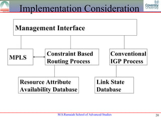 Implementation Consideration
 Management Interface


           Constraint Based                         Conventional
MPLS
           Routing Process                          IGP Process


  Resource Attribute                      Link State
  Availability Database                   Database


               M.S.Ramaiah School of Advanced Studies              20
 