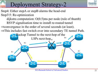 Deployment Strategy-2
Step4: Either stepA or stepB alarms the head-end
Step35: Re-optimization
    dijkstra computation: O(0.5)ms per node (rule of thumb)
    RSVP signalisation time to install re-routed tunnel
⇒convergence in the order of several seconds (at least).
⇒This includes fast switch over into secondary TE tunnel Path.
            Backup Tunnel to the next-hop of the
                       LSPs next-hopR3           R4


                 R2




       R1                                                          R5




                                                              R7
                  R6



                         M.S.Ramaiah School of Advanced Studies         22
 