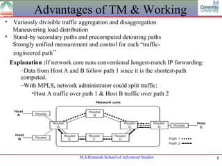 Advantages of TM & Working
• Variously divisible traffic aggregation and disaggregation
  Maneuvering load distribution
• Stand-by secondary paths and precomputed detouring paths
  Strongly unified measurement and control for each “traffic-
  engineered path”
    Explanation :If network core runs conventional longest-match IP forwarding:
       –Data from Host A and B follow path 1 since it is the shortest-path
       computed.
       –With MPLS, network administrator could split traffic:
           •Host A traffic over path 1 & Host B traffic over path 2




                               M.S.Ramaiah School of Advanced Studies             8
 