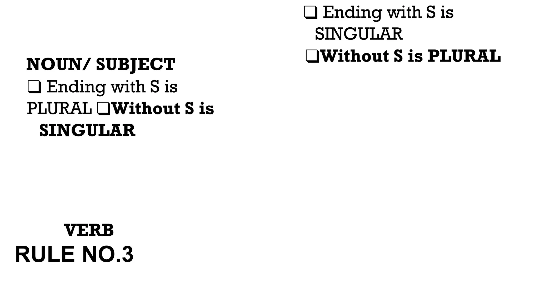 NOUN/SUBJECT
❑ EndingwithSis
PLURAL❑WithoutSis
SINGULAR
VERB
❑ EndingwithSis
SINGULAR
❑WithoutSisPLURAL
RULE NO.3
 