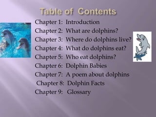 Table of  ContentsChapter 1:  IntroductionChapter 2:  What are dolphins? Chapter 3:  Where do dolphins live?Chapter 4:  What do dolphins eat? Chapter 5:  Who eat dolphins?Chapter 6:  Dolphin BabiesChapter 7:  A poem about dolphins Chapter 8:  Dolphin Facts Chapter 9:   Glossary 