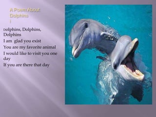 A Poem About DolphinsiDolphins, Dolphins, DolphinsI am  glad you existYou are my favorite animalI would like to visit you one day  If you are there that day