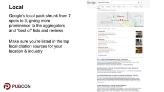 @SWallaceSEO | #pubcon
Google’s local pack shrunk from 7
spots to 3, giving more
prominence to the aggregators
and “best o...