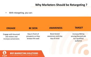 • With retargeting, you can:
Why Marketers Should be Retargeting ?
ENGAGE BE SEEN AWARENESS TARGET
Engage with bounced
site visitors and
increase conversions
Stay in front of
prospects as they
browse the web
Boost brand
awareness and stay
top of mind
Increase ROI by
serving focused ads
to a qualified
audience
 