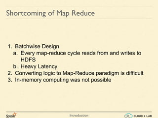Introduction
Shortcoming of Map Reduce
1. Batchwise Design
a. Every map-reduce cycle reads from and writes to
HDFS
b. Heavy Latency
2. Converting logic to Map-Reduce paradigm is difficult
3. In-memory computing was not possible
 