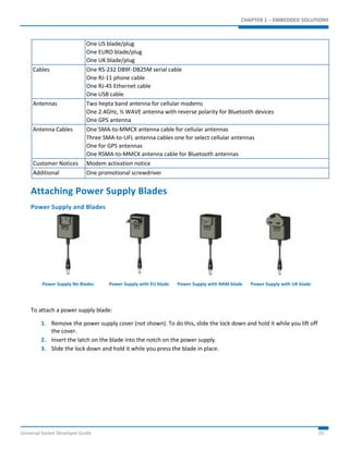 CHAPTER 1 – EMBEDDED SOLUTIONS 
One US blade/plug 
One EURO blade/plug 
One UK blade/plug 
Cables One RS-232 DB9F-DB25M serial cable 
One RJ-11 phone cable 
One RJ-45 Ethernet cable 
One USB cable 
Antennas Two hepta band antenna for cellular modems 
One 2.4GHz, ½ WAVE antenna with reverse polarity for Bluetooth devices 
One GPS antenna 
Antenna Cables One SMA-to-MMCX antenna cable for cellular antennas 
Three SMA-to-UFL antenna cables one for select cellular antennas 
One for GPS antennas 
One RSMA-to-MMCX antenna cable for Bluetooth antennas 
Customer Notices Modem activation notice 
Additional One promotional screwdriver 
Attaching Power Supply Blades 
Power Supply and Blades 
Power Supply No Blades Power Supply with EU blade Power Supply with NAM blade Power Supply with UK blade 
To attach a power supply blade: 
1. Remove the power supply cover (not shown). To do this, slide the lock down and hold it while you lift off 
the cover. 
2. Insert the latch on the blade into the notch on the power supply. 
3. Slide the lock down and hold it while you press the blade in place. 
Universal Socket Developer Guide 10 
 