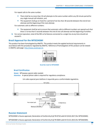CHAPTER 7 – REGULATORY COMPLIANCE STATEMENTS 
For repeat calls to the same number: 
 There shall be no more than 10 call attempts to the same number within any 30 minute period for 
any single manual call initiation, and 
 The equipment shall go on-hook for a period of not less than 30 seconds between the end of one 
attempt and the beginning of the next attempt. 
For automatic calls to different numbers: 
 The equipment shall be set to ensure that automatic calls to different numbers are spaced such that 
there is no less than 5 seconds between the end of one call attempt and the beginning of another. 
8. For correct operation, total of the RN’s of all devices connected to a single line at any time should not 
exceed 5. 
Brazil Approval for the MT9234SMI 
This product has been homologated by ANATEL. This product meets the applied technical requirements in 
accordance with the procedures regulated by ANATEL. Reference of homologation of this product can be viewed 
in ANATEL web page: http://www.anatel.gov.br. 
Brazil Bar Code for MT9234SMI 
Brazil Certification 
Model: MTxxxxxxx special cable needed. 
Attention: A special phone cable is required for regulatory compliance. 
Um cabo especial para telefone é requerido para a conformidade regulatória. 
Russian Statement 
MT9234SMI is Russia approved, Declaration of Conformity # Д-ТФ-0710 valid till 20.02.2017 (for MT9234SMI). 
MT5692SMI is Russia approved, Declaration of Conformity # Д-ТФ-0604 valid till 25.01.2015 (for MT5692SMI). 
Universal Socket Developer Guide 44 
 