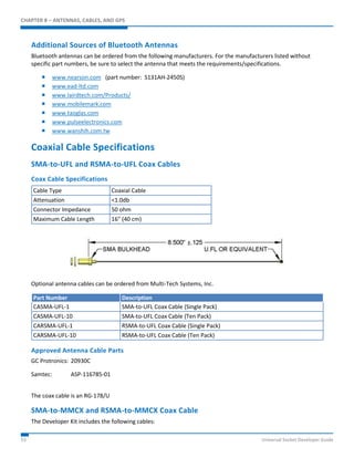 CHAPTER 8 – ANTENNAS, CABLES, AND GPS 
Additional Sources of Bluetooth Antennas 
Bluetooth antennas can be ordered from the following manufacturers. For the manufacturers listed without 
specific part numbers, be sure to select the antenna that meets the requirements/specifications. 
 www.nearson.com (part number: S131AH-2450S) 
 www.ead-ltd.com 
 www.lairdtech.com/Products/ 
 www.mobilemark.com 
 www.taoglas.com 
 www.pulseelectronics.com 
 www.wanshih.com.tw 
Coaxial Cable Specifications 
SMA-to-UFL and RSMA-to-UFL Coax Cables 
Coax Cable Specifications 
Cable Type Coaxial Cable 
Attenuation <1.0db 
Connector Impedance 50 ohm 
Maximum Cable Length 16" (40 cm) 
Optional antenna cables can be ordered from Multi-Tech Systems, Inc. 
Part Number Description 
CASMA-UFL-1 SMA-to-UFL Coax Cable (Single Pack) 
CASMA-UFL-10 SMA-to-UFL Coax Cable (Ten Pack) 
CARSMA-UFL-1 RSMA-to-UFL Coax Cable (Single Pack) 
CARSMA-UFL-10 RSMA-to-UFL Coax Cable (Ten Pack) 
Approved Antenna Cable Parts 
GC Protronics: 20930C 
Samtec: ASP-116785-01 
The coax cable is an RG-178/U 
SMA-to-MMCX and RSMA-to-MMCX Coax Cable 
The Developer Kit includes the following cables: 
53 Universal Socket Developer Guide 
 