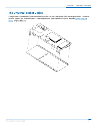 CHAPTER 1 – EMBEDDED SOLUTIONS 
The Universal Socket Design 
Each pin on a SocketModem corresponds to a particular function. The universal socket design provides a universal 
location for each pin. This allows each SocketModem to be used in a common board. Refer to Universal Socket 
Pinout for pinout details. 
Universal Socket Developer Guide 8 
 