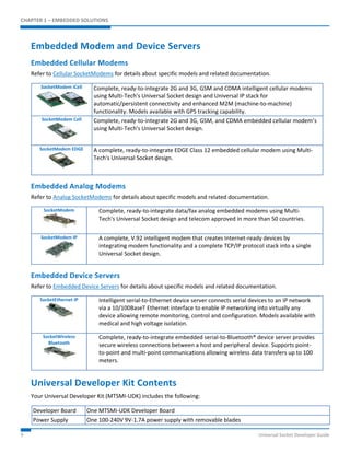 CHAPTER 1 – EMBEDDED SOLUTIONS 
Embedded Modem and Device Servers 
Embedded Cellular Modems 
Refer to Cellular SocketModems for details about specific models and related documentation. 
SocketModem iCell 
Complete, ready-to-integrate 2G and 3G, GSM and CDMA intelligent cellular modems 
using Multi-Tech's Universal Socket design and Universal IP stack for 
automatic/persistent connectivity and enhanced M2M (machine-to-machine) 
functionality. Models available with GPS tracking capability. 
SocketModem Cell 
Complete, ready-to-integrate 2G and 3G, GSM, and CDMA embedded cellular modem’s 
using Multi-Tech's Universal Socket design. 
SocketModem EDGE 
A complete, ready-to-integrate EDGE Class 12 embedded cellular modem using Multi- 
Tech's Universal Socket design. 
Embedded Analog Modems 
Refer to Analog SocketModems for details about specific models and related documentation. 
SocketModem 
Complete, ready-to-integrate data/fax analog embedded modems using Multi- 
Tech's Universal Socket design and telecom approved in more than 50 countries. 
SocketModem IP 
A complete, V.92 intelligent modem that creates Internet-ready devices by 
integrating modem functionality and a complete TCP/IP protocol stack into a single 
Universal Socket design. 
Embedded Device Servers 
Refer to Embedded Device Servers for details about specific models and related documentation. 
SocketEthernet IP 
Intelligent serial-to-Ethernet device server connects serial devices to an IP network 
via a 10/100BaseT Ethernet interface to enable IP networking into virtually any 
device allowing remote monitoring, control and configuration. Models available with 
medical and high voltage isolation. 
SocketWireless 
Bluetooth 
Complete, ready-to-integrate embedded serial-to-Bluetooth® device server provides 
secure wireless connections between a host and peripheral device. Supports point-to- 
point and multi-point communications allowing wireless data transfers up to 100 
meters. 
Universal Developer Kit Contents 
Your Universal Developer Kit (MTSMI-UDK) includes the following: 
Developer Board One MTSMI-UDK Developer Board 
Power Supply One 100-240V 9V-1.7A power supply with removable blades 
9 Universal Socket Developer Guide 
 