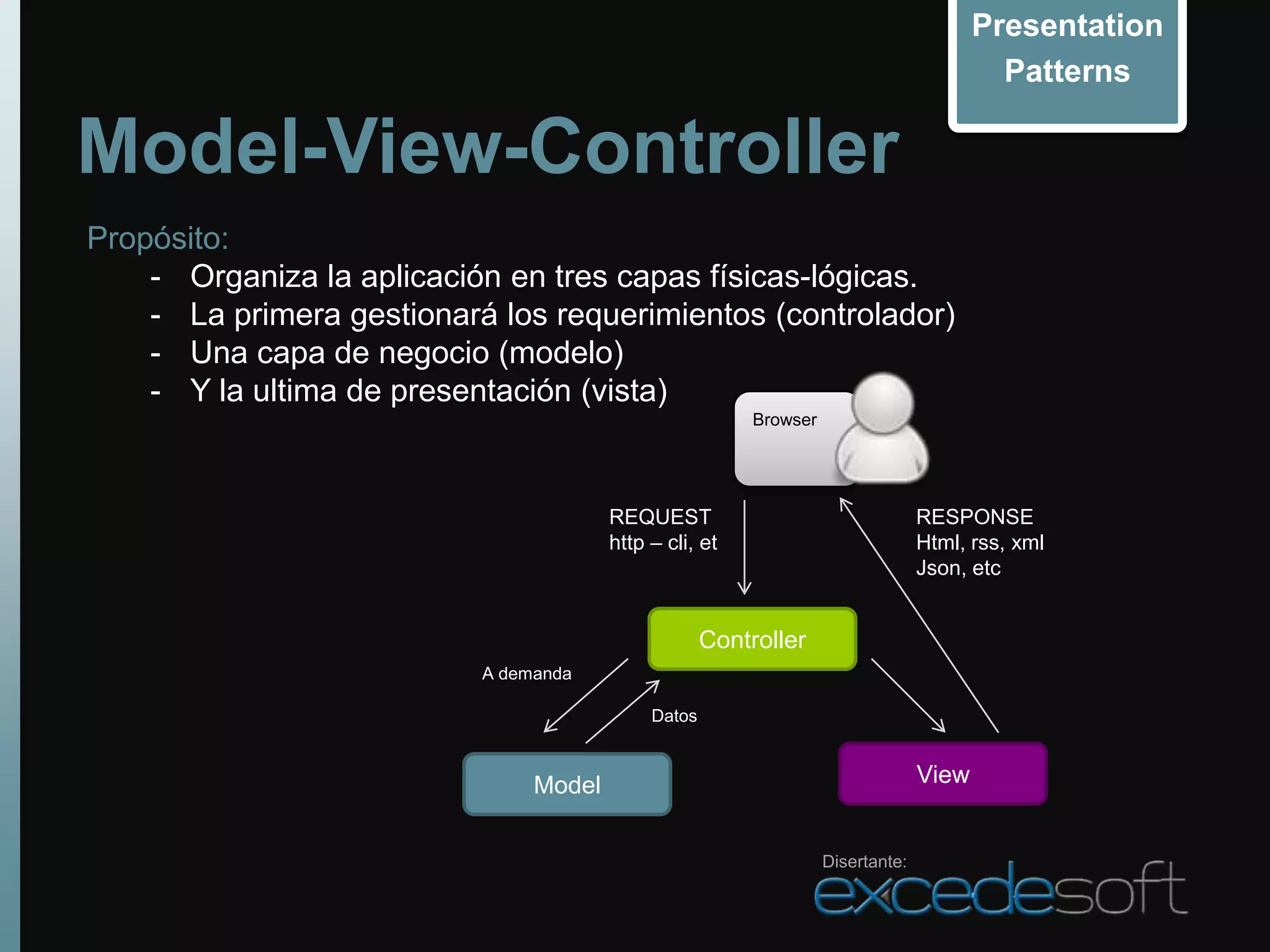 Presentation
                                                                                           Patterns

Model-View-Controller
Propósito:
    - Organiza la aplicación en tres capas físicas-lógicas.
    - La primera gestionará los requerimientos (controlador)
    - Una capa de negocio (modelo)
    - Y la ultima de presentación (vista)
                                                          Browser




                                        REQUEST                                   RESPONSE
                                        http – cli, et                            Html, rss, xml
                                                                                  Json, etc


                                                     Controller
                           A demanda

                                             Datos



                                Model                                             View


                                                                    Disertante:
 