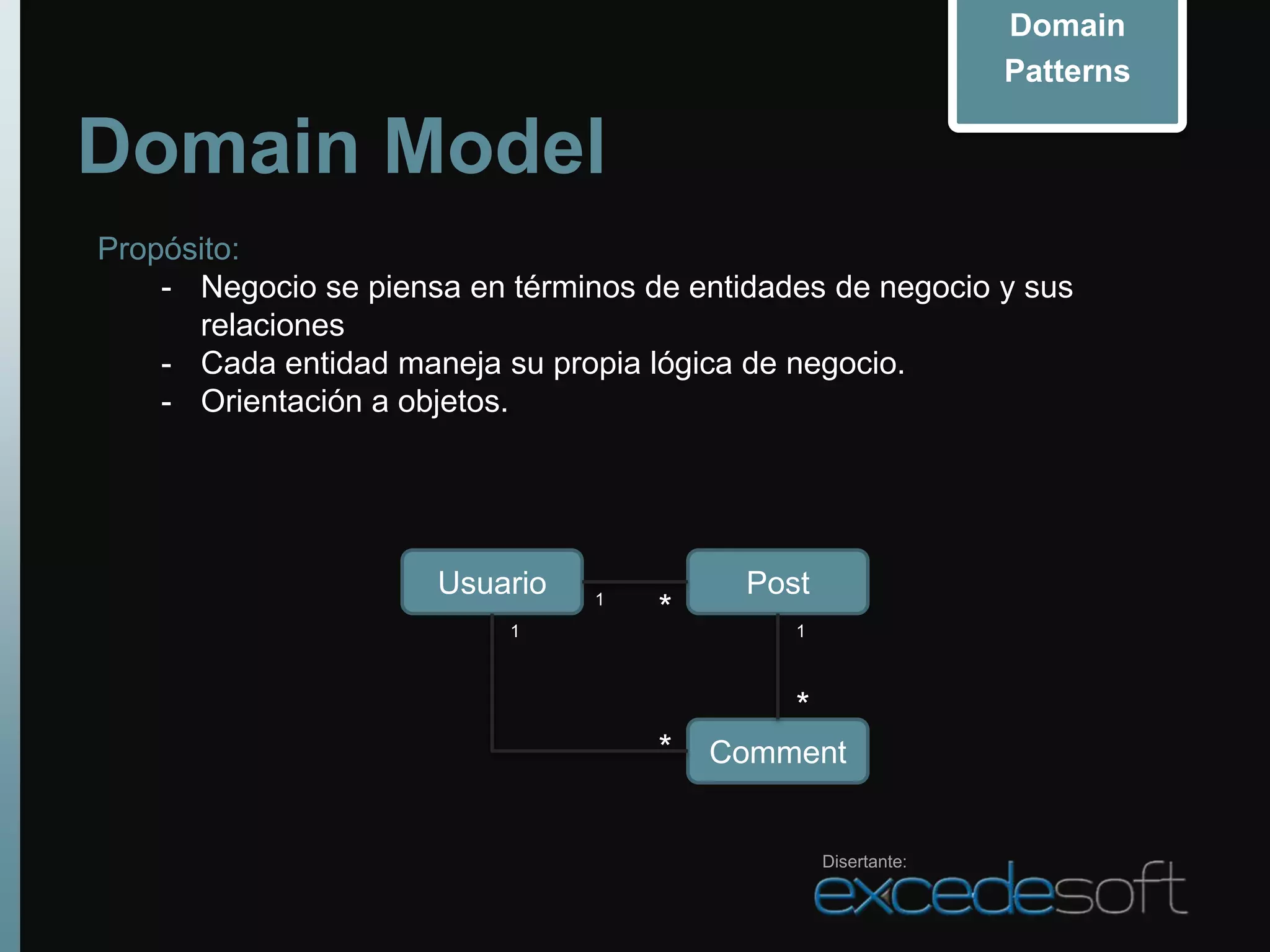 Domain
                                                                Patterns

Domain Model
Propósito:
    - Negocio se piensa en términos de entidades de negocio y sus
      relaciones
    - Cada entidad maneja su propia lógica de negocio.
    - Orientación a objetos.




                      Usuario    1
                                           Post
                           1
                                     *        1



                                              *
                                     *   Comment


                                                  Disertante:
 