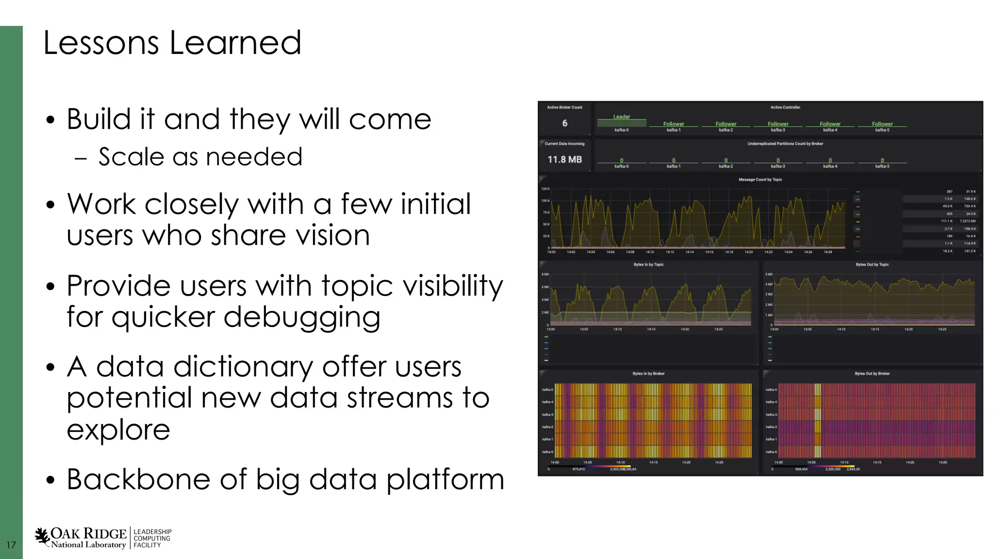 17
Lessons Learned
• Build it and they will come
– Scale as needed
• Work closely with a few initial
users who share vision
• Provide users with topic visibility
for quicker debugging
• A data dictionary offer users
potential new data streams to
explore
• Backbone of big data platform
 