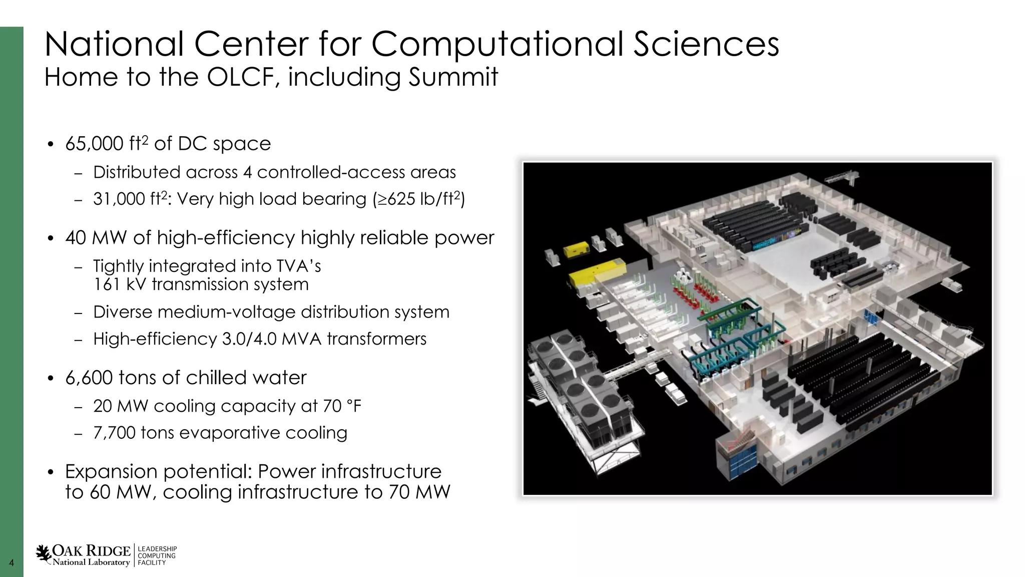 4
National Center for Computational Sciences
Home to the OLCF, including Summit
• 65,000 ft2 of DC space
– Distributed across 4 controlled-access areas
– 31,000 ft2: Very high load bearing (³625 lb/ft2)
• 40 MW of high-efficiency highly reliable power
– Tightly integrated into TVA’s
161 kV transmission system
– Diverse medium-voltage distribution system
– High-efficiency 3.0/4.0 MVA transformers
• 6,600 tons of chilled water
– 20 MW cooling capacity at 70 °F
– 7,700 tons evaporative cooling
• Expansion potential: Power infrastructure
to 60 MW, cooling infrastructure to 70 MW
 