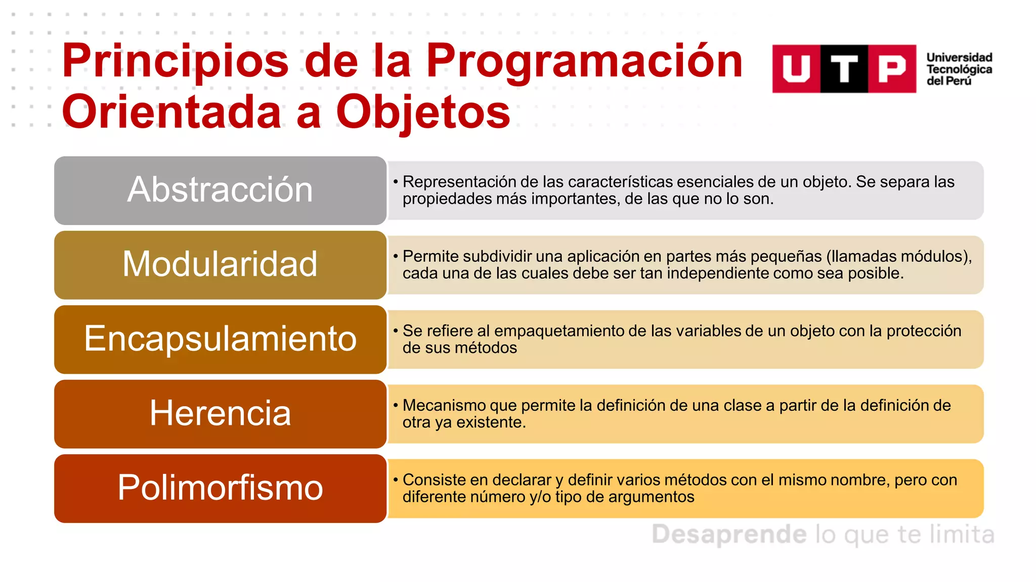 Principios de la Programación
Orientada a Objetos
• Representación de las características esenciales de un objeto. Se separa las
propiedades más importantes, de las que no lo son.
Abstracción
• Permite subdividir una aplicación en partes más pequeñas (llamadas módulos),
cada una de las cuales debe ser tan independiente como sea posible.
Modularidad
• Se refiere al empaquetamiento de las variables de un objeto con la protección
de sus métodos
Encapsulamiento
• Mecanismo que permite la definición de una clase a partir de la definición de
otra ya existente.
Herencia
• Consiste en declarar y definir varios métodos con el mismo nombre, pero con
diferente número y/o tipo de argumentos
Polimorfismo
 