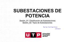 SUBESTACIONES DE
POTENCIA
Sesión_01: Clasificación de Subestaciones
Sesión_02: Tipos de Subestaciones
Mg. Ing. César Gago Arenas
CIP 40136
 