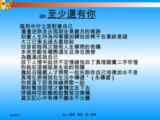 201 至少還有你 風雨中佇立面對著自己 漫漫逆旅走出孤寂全是歲月的痕跡 刻畫人生所為何事猶如驛站依稀不在意終是謎 大江已東去過去重拾起 回首前程再次發現人生學問的奇蹟 本來悲歡各種際遇生旦淨丑換替 為圓滿成就自己 放下人情中起伏不定情緒找回了真理踏實二字珍惜 你就在這裡就是生命的奇蹟 擔起白陽戲人才齊聚一起告訴你自己培德如水不息 真理在那裡就在生活中傳遞＊ ( 永傳遞 ) 你我當下即是殊緣齊聚一起 期盼賢徒認理才會穩定走下去 穿越時空距離相助賢契功德積 莫忘記心中有佛不離永不分離   