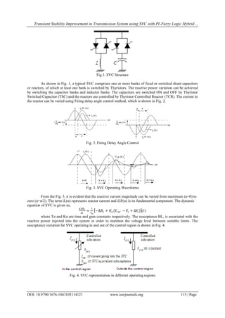 Transient Stability Improvement in Transmission System using SVC with PI-Fuzzy Logic Hybrid…
DOI: 10.9790/1676-1043105114121 www.iosrjournals.org 115 | Page
Fig.1. SVC Structure
As shown in Fig. 1, a typical SVC comprises one or more banks of fixed or switched shunt capacitors
or reactors, of which at least one bank is switched by Thyristors. The reactive power variation can be achieved
by switching the capacitor banks and inductor banks. The capacitors are switched ON and OFF by Thyristor
Switched Capacitor (TSC) and the reactors are controlled by Thyristor Controlled Reactor (TCR). The current in
the reactor can be varied using Firing delay angle control method, which is shown in Fig. 2.
Fig. 2. Firing Delay Angle Control
Fig. 3. SVC Operating Waveforms
From the Fig. 3, it is evident that the reactive current magnitude can be varied from maximum (α=0) to
zero (α=π/2). The term iL(α) represents reactor current and iLF(α) is its fundamental component. The dynamic
equation of SVC is given as,
𝑑∆𝐵 𝐿
𝑑𝑡
=
1
𝑇𝛼
−∆𝐵𝐿 + 𝐾𝛼 (𝑉𝑟𝑒𝑓 − 𝑉𝑡 + ∆𝑉𝑠) (1)
where Tα and Kα are time and gain constants respectively. The susceptance BL, is associated with the
reactive power injected into the system in order to maintain the voltage level between suitable limits. The
susceptance variation for SVC operating in and out of the control region is shown in Fig. 4.
Fig. 4. SVC representation in different operating regions
 