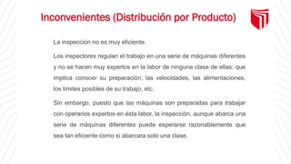 Inconvenientes (Distribución por Producto)
• La inspección no es muy eficiente.
• Los inspectores regulan el trabajo en una serie de máquinas diferentes
y no se hacen muy expertos en la labor de ninguna clase de ellas; que
implica conocer su preparación, las velocidades, las alimentaciones,
los límites posibles de su trabajo, etc.
• Sin embargo, puesto que las máquinas son preparadas para trabajar
con operarios expertos en ésta labor, la inspección, aunque abarca una
serie de máquinas diferentes puede esperarse razonablemente que
sea tan eficiente como si abarcara solo una clase.
 