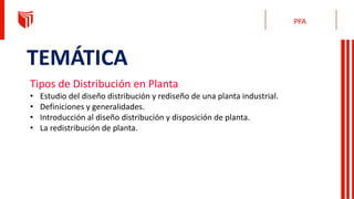 TEMÁTICA
PFA
Tipos de Distribución en Planta
• Estudio del diseño distribución y rediseño de una planta industrial.
• Definiciones y generalidades.
• Introducción al diseño distribución y disposición de planta.
• La redistribución de planta.
 