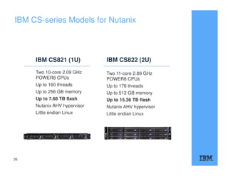 IBM CS-series Models for Nutanix
IBM CS821 (1U)
Two 10-core 2.09 GHz
POWER8 CPUs
Up to 160 threads
Up to 256 GB memory
Up to 7.68 TB flash
Nutanix AHV hypervisor
Little endian Linux
IBM CS822 (2U)
Two 11-core 2.89 GHz
POWER8 CPUs
Up to 176 threads
Up to 512 GB memory
Up to 15.36 TB flash
Nutanix AHV hypervisor
Little endian Linux
26
 
