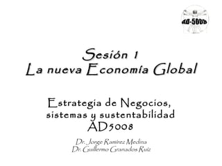 Sesión 1Sesión 1
La nueva Economía GlobalLa nueva Economía Global
Estrategia de Negocios,
sistemas y sustentabilidad
AD5008
Dr. Jorge Ramírez Medina
Dr. Guillermo Granados Ruíz
 
