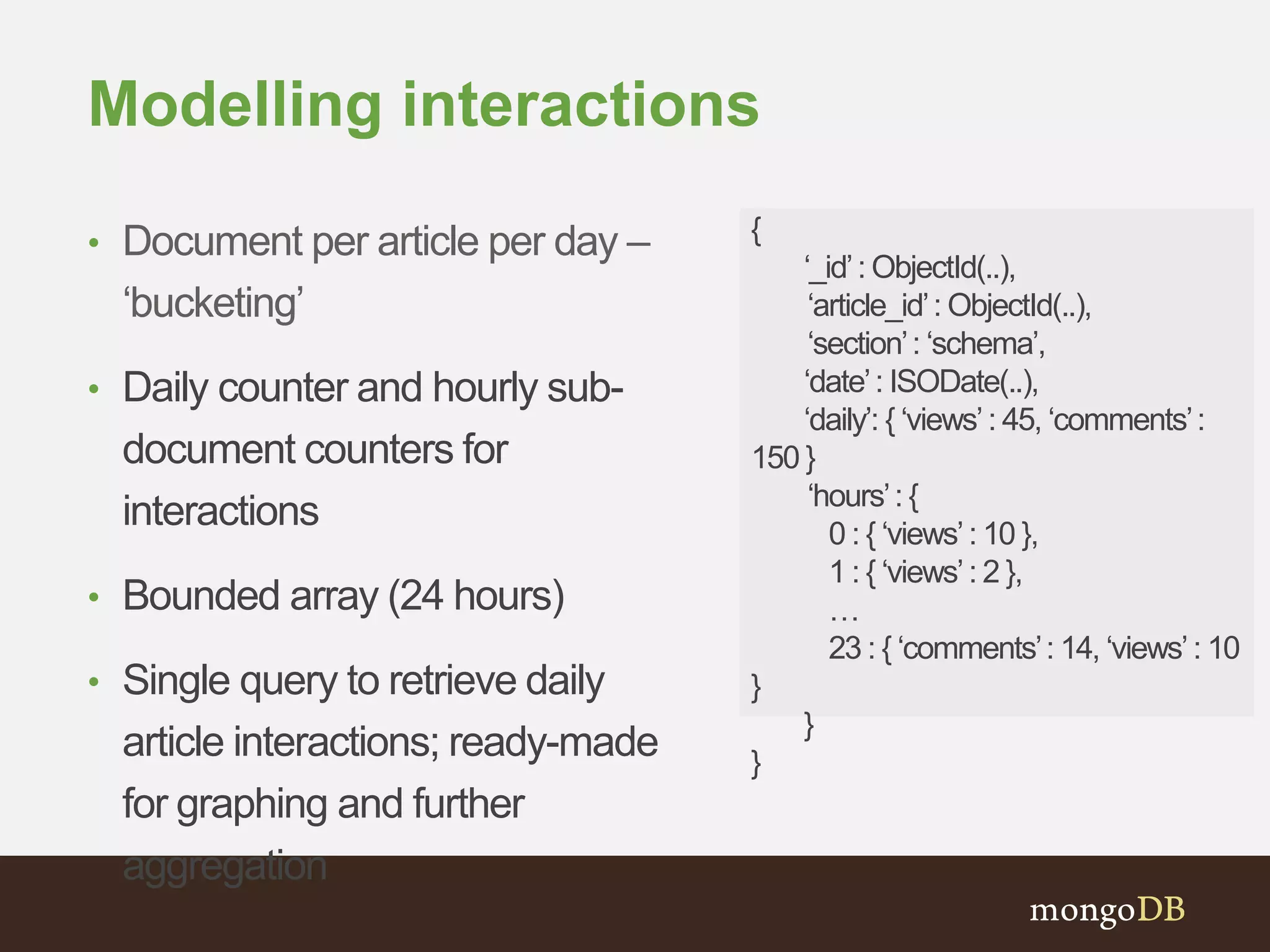 Modelling interactions
• Document per article per day –
‘bucketing’
• Daily counter and hourly sub-
document counters for
interactions
• Bounded array (24 hours)
• Single query to retrieve daily
article interactions; ready-made
for graphing and further
aggregation
{
‘_id’: ObjectId(..),
‘article_id’: ObjectId(..),
‘section’: ‘schema’,
‘date’: ISODate(..),
‘daily’: { ‘views’: 45, ‘comments’:
150 }
‘hours’: {
0 : { ‘views’: 10 },
1 : { ‘views’: 2 },
…
23 : { ‘comments’: 14, ‘views’: 10
}
}
}
 