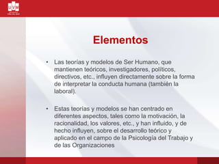 Elementos
• Las teorías y modelos de Ser Humano, que
mantienen teóricos, investigadores, políticos,
directivos, etc., influyen directamente sobre la forma
de interpretar la conducta humana (también la
laboral).
• Estas teorías y modelos se han centrado en
diferentes aspectos, tales como la motivación, la
racionalidad, los valores, etc., y han influido, y de
hecho influyen, sobre el desarrollo teórico y
aplicado en el campo de la Psicología del Trabajo y
de las Organizaciones
 