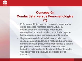 • El fenomenológico, que se basa en la importancia
de los procesos mentales del individuo, su
subjetivación del mundo que le rodea, su
complejidad, su irracionalidad, su unicidad, que le
hacen un objeto casi inabarcable por la ciencia.
• Según este modelo, el individuo es, más que
racional, racionalizador de la realidad. La conducta
humana es vista, pues, como intencionada y guiada
por procesos de decisión racionales aunque
limitados, y dependiente, fundamentalmente, de las
valencias y las expectativas percibidas por el
individuo.
Concepción
Conductista versus Fenomenológica
(2)
 