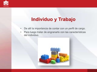 Individuo y Trabajo
• De allí la importancia de contar con un perfil de cargo.
• Para luego tratar de engranarlo con las características
del individuo.
 