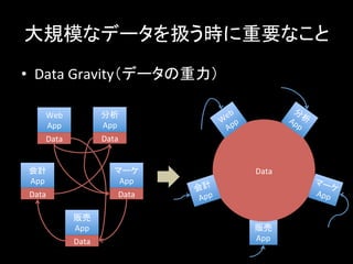 大規模なデータを扱う時に重要なこと	
  
•  Data	
  Gravity（データの重力）	
  
Web	
  
App	
Data	
分析	
  
App	
Data	
会計	
  
App	
Data	
マーケ
App	
Data	
販売	
  
App	
Data	
販売	
  
App	
Data	
会計	
  
App	
マーケ	
  App	
 