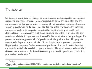 Transporte

Se desea informatizar la gesti´n de una empresa de transportes que reparte
                               o
paquetes por toda Espa˜a. Los encargados de llevar los paquetes son los
                         n
camioneros, de los que se quiere guardar el rut, nombre, tel´fono, direcci´n,
                                                            e             o
salario y poblaci´n en la que vive. De los paquetes transportados interesa
                  o
conocer el c´digo de paquete, descripci´n, destinatario y direcci´n del
             o                           o                       o
destinatario. Un camionero distribuye muchos paquetes, y un paquete s´loo
puede ser distribuido por un camionero.De las provincias a las que llegan los
paquetes interesa guardar el c´digo de provincia y el nombre. Un paquete
                               o
s´lo puede llegar a una provincia. Sin embargo, a una provincia pueden
  o
llegar varios paquetes.De los camiones que llevan los camioneros, interesa
conocer la matr´ ıcula, modelo, tipo y potencia. Un camionero puede conducir
diferentes camiones en fechas diferentes, y un cami´n puede ser conducido
                                                    o
por varios camioneros 6

    6
      http:
//www.alejandrox.com/2007/03/ejercicios-modelo-entidadrelacion/
 13 de 13
 