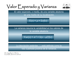 Dr Jorge Ramírez Medina
EGADE Business School
Valor Esperado y Varianza
El valor esperado, o media, de una variable aleatoria
es una media de su localización.
La varianza resume la variabilidad en los valores de
la variable aleatoria.
La desviación estándar, , está definida como la
raíz cuadrada positiva de la varianza.
Var(x) =  2 = (x - )2f(x)
E(x) =  = xf(x)
 