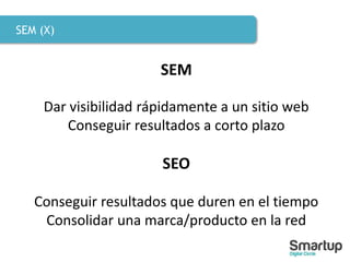SEM (X)
SEM
Dar visibilidad rápidamente a un sitio web
Conseguir resultados a corto plazo
SEO
Conseguir resultados que duren en el tiempo
Consolidar una marca/producto en la red
 