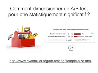 Comment dimensionner un A/B test
pour être statistiquement signiﬁcatif ?
http://www.evanmiller.org/ab-testing/sample-size.html
 