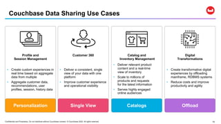 Confidential and Proprietary. Do not distribute without Couchbase consent. © Couchbase 2020. All rights reserved. 19
Couchbase Data Sharing Use Cases
Catalog and
Inventory Management
Catalogs
• Deliver relevant product
content and a real-time
view of inventory
• Scale to millions of
products and requests
for the latest information
• Serves highly engaged
online audiences
Profile and
Session Management
Personalization
• Create custom experiences in
real time based on aggregate
data from multiple
• Aggregate customer data,
recommendations, user
profiles, session, history data
Customer 360
Single View
• Deliver a consistent, single
view of your data with one
platform
• Improve customer experience
and operational visibility
Digital
Transformations
Offload
• Create transformative digital
experiences by offloading
mainframe, RDBMS systems
• Reduce costs and improve
productivity and agility
 